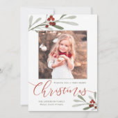 水彩赤ベリーグリーンのクリスマスフォト シーズンカード (正面)
