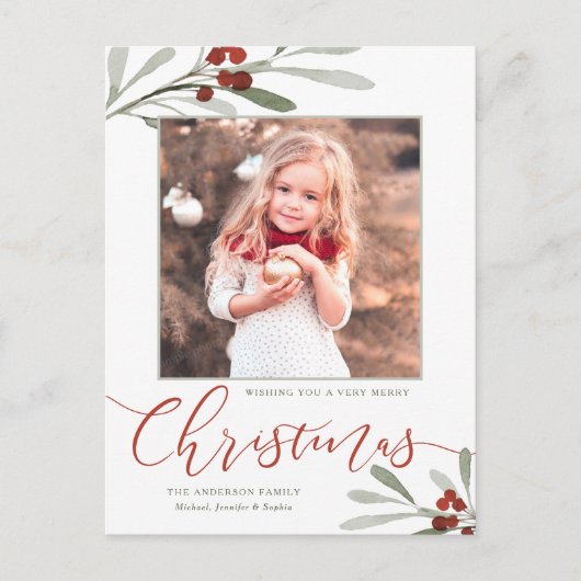 水彩赤ベリーグリーンのクリスマスフォト シーズンポストカード (正面)