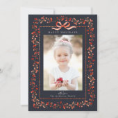 水彩赤ベリーフレームフォトネイビークリスマス シーズンカード (正面)