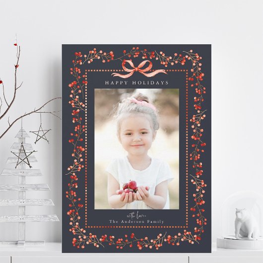 水彩赤ベリーフレームフォトネイビークリスマス シーズンカード