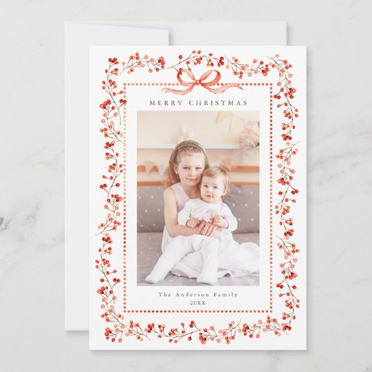 水彩赤ベリーフレーム2写真クリスマス シーズンカード (正面)