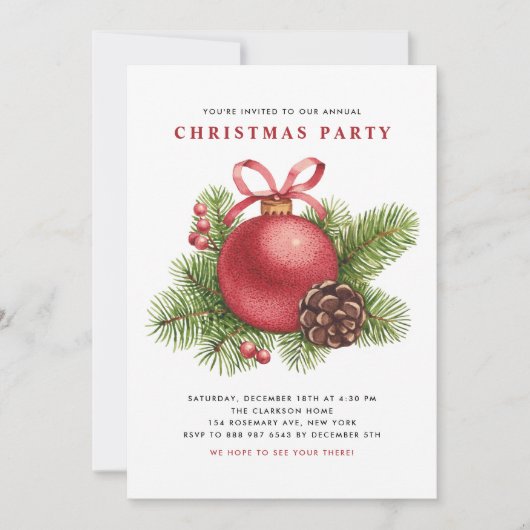水彩赤ボールオーナメントクリスマスパーティー 招待状 (正面)