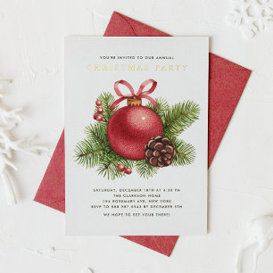 水彩赤ボールオーナメントクリスマスパーティー 箔招待状