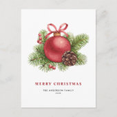 水彩赤ボールオーナメントメリークリスマス シーズンポストカード (正面)