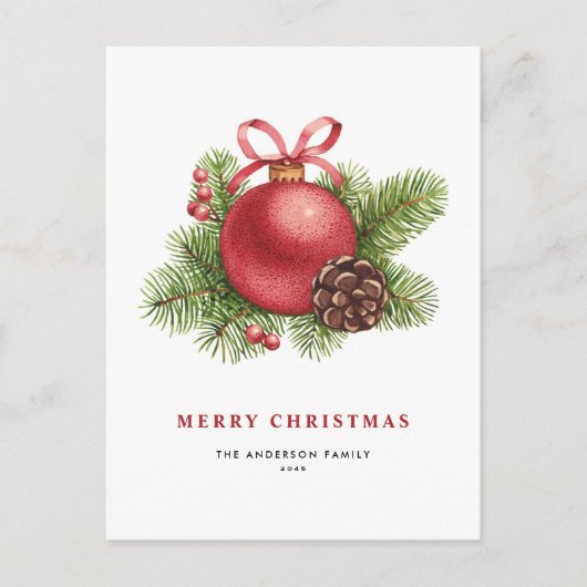 水彩赤ボールオーナメントメリークリスマス シーズンポストカード (正面)