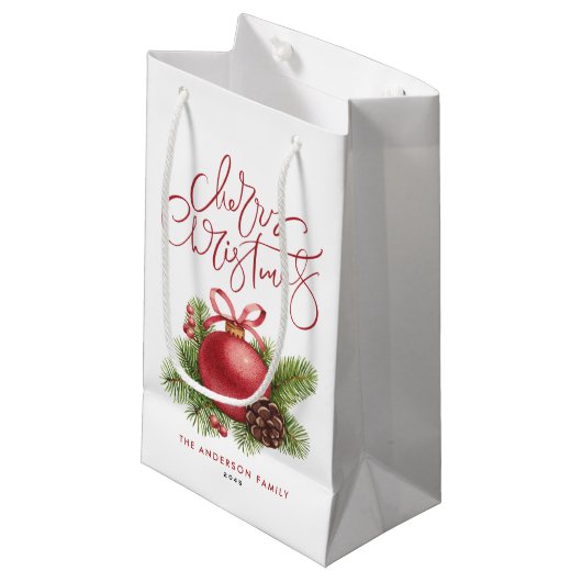 水彩赤ボールオーナメントメリークリスマス スモールペーパーバッグ (正面アングル)