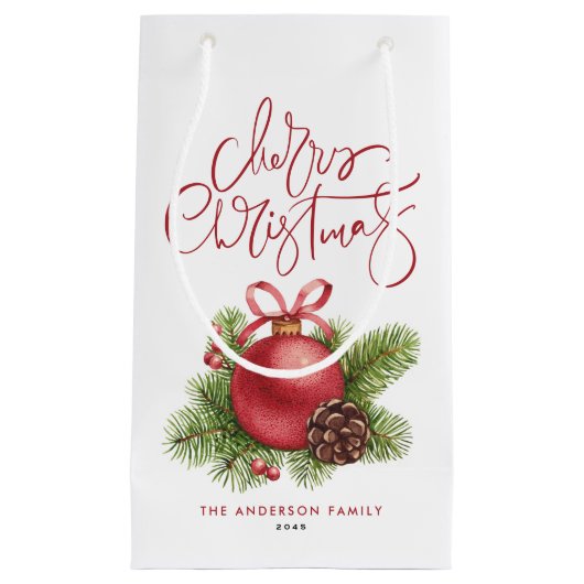 水彩赤ボールオーナメントメリークリスマス スモールペーパーバッグ (正面)