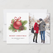 水彩赤ボールオーナメント写真クリスマス シーズンカード (正面)