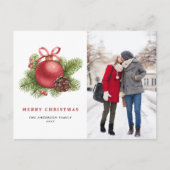 水彩赤ボールオーナメント写真クリスマス シーズンポストカード (正面)