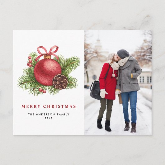 水彩赤ボールオーナメント写真クリスマス シーズンポストカード (正面)