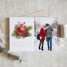 水彩赤ボールオーナメント写真クリスマス 箔シーズンカード
