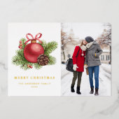 水彩赤ボールオーナメント写真クリスマス 箔シーズンカード (正面)
