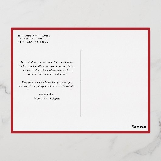 水彩赤ボールオーナメント写真クリスマス 箔シーズンポストカード (裏面)