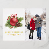 水彩赤ボールオーナメント写真クリスマス 箔シーズンポストカード (正面)