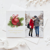 水彩赤ボールオーナメント写真クリスマス 箔シーズンポストカード