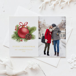 水彩赤ボールオーナメント写真クリスマス 箔シーズンポストカード