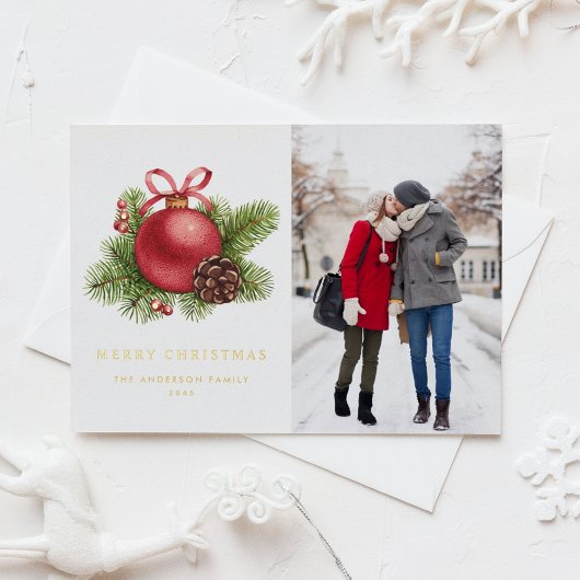 水彩赤ボールオーナメント写真クリスマス 箔シーズンポストカード