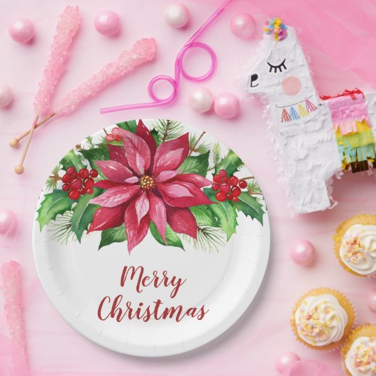 水彩赤ポインセチアフローラクリスマス ペーパープレート (パーティー)