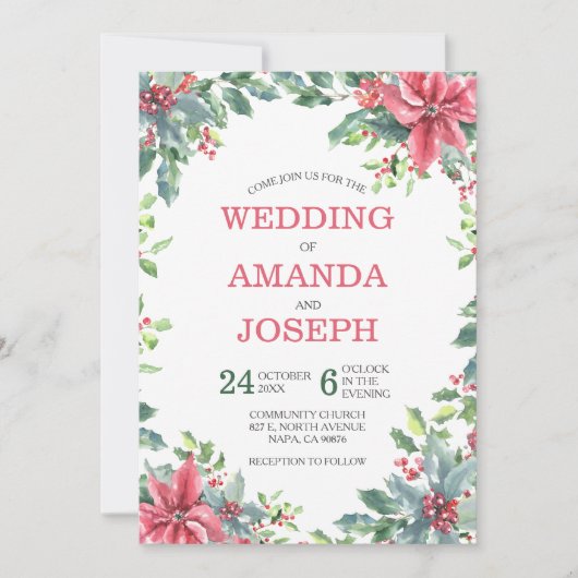 水彩赤ポインセチアフローラク結婚リスマス 招待状 (正面)