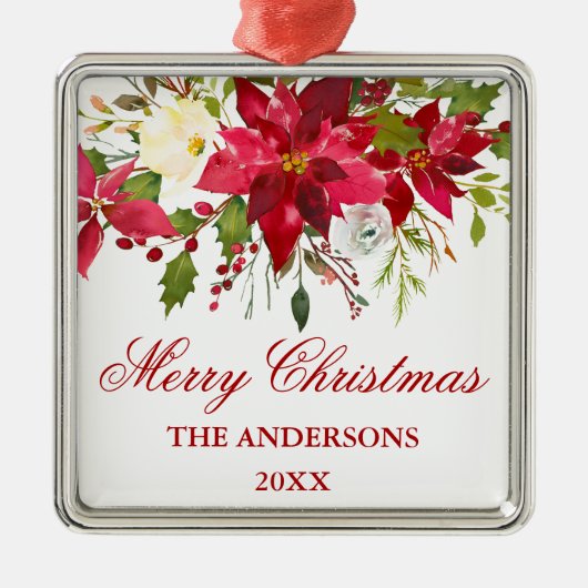 水彩赤ポインセチアフローラスクエア メタルオーナメント (正面)