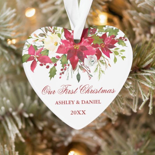 水彩赤ポインセチアフローラ初めてのクリスマス オーナメント (ツリー)