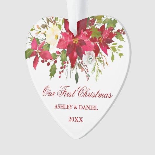 水彩赤ポインセチアフローラ初めてのクリスマス オーナメント (正面)
