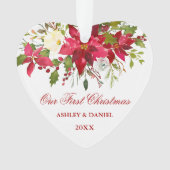 水彩赤ポインセチアフローラ初めてのクリスマス オーナメント (正面)