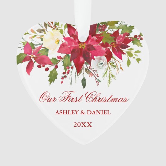 水彩赤ポインセチアフローラ初めてのクリスマス オーナメント (正面)