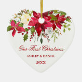 水彩赤ポインセチアフローラ初めてのクリスマス セラミックオーナメント (正面)