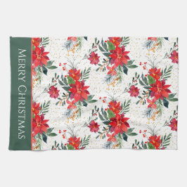 水彩赤ポインセチアブーケクリスマス キッチンタオル