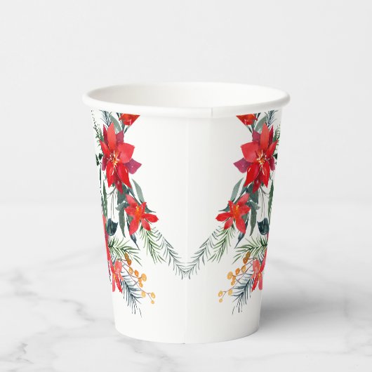 水彩赤ポインセチアブーケクリスマス 紙コップ (右)