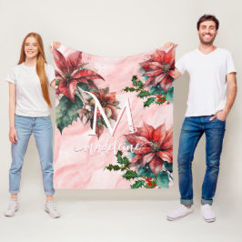 水彩赤ポインセチア乳頭指名クリスマス フリースブランケット