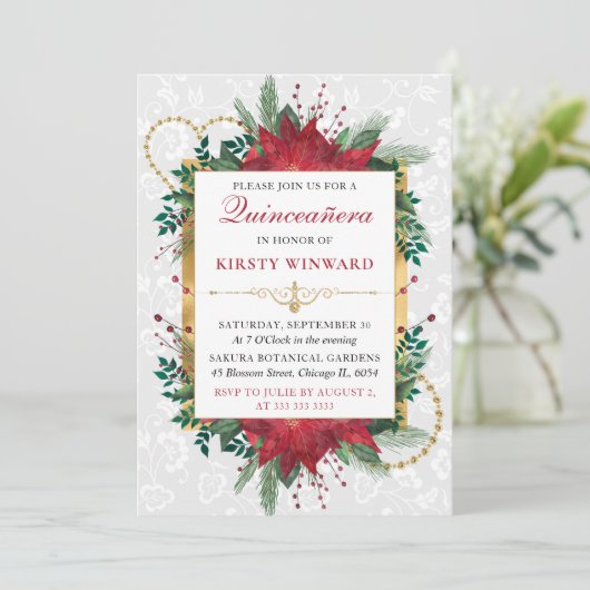 水彩赤ポインセチア冬キンセアニェラ 招待状 (スタンド正面)