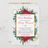 水彩赤ポインセチア冬21歳の誕生日 招待状 (正面/裏面)