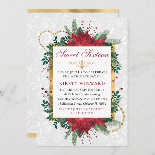 水彩赤ポインセチア冬Sweet sixteen 招待状 (正面/裏面)