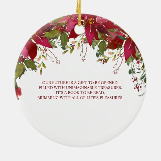 水彩赤ポインセチア初めてのクリスマスミセス セラミックオーナメント (裏面)