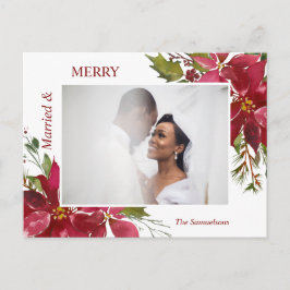 水彩赤ポインセチア結婚したメリークリスマス ポストカード