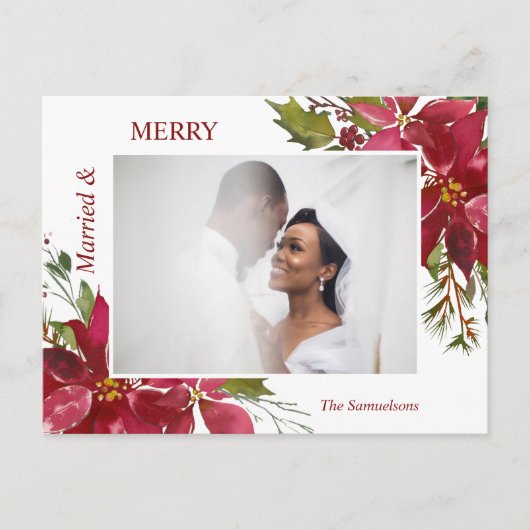 水彩赤ポインセチア結婚したメリークリスマス ポストカード (正面)
