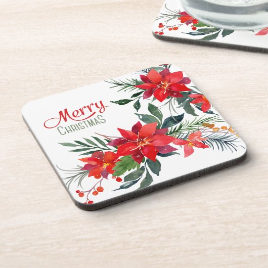 水彩赤ポインセチア花束クリスマス コースター (左側)