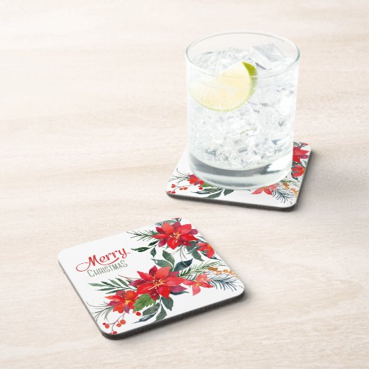 水彩赤ポインセチア花束クリスマス コースター (右側)