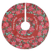 水彩赤ポインセチア花+ファミリー名 ブラッシュドポリエステルツリースカート (正面)