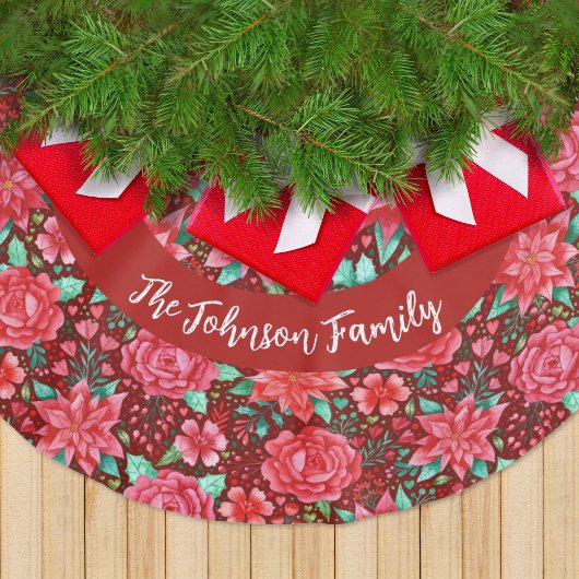 水彩赤ポインセチア花+ファミリー名 ブラッシュドポリエステルツリースカート