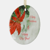 水彩赤ポインセチア・メリークリスマス セラミックオーナメント (右)