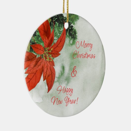 水彩赤ポインセチア・メリークリスマス セラミックオーナメント (右)