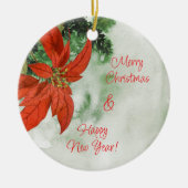 水彩赤ポインセチア・メリークリスマス セラミックオーナメント (正面)