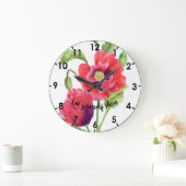 水彩赤ポピスボタニカルイラストレーション ラージ壁時計 (ホーム)
