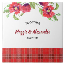 水彩赤ポピーフローラタータンチェックパターン タイル