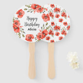 水彩赤ポピー緑50誕生日 ハンドファン (正面&裏面)