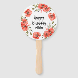 水彩赤ポピー緑50誕生日 ハンドファン