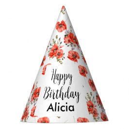 水彩赤ポピー緑50誕生日 パーティーハット